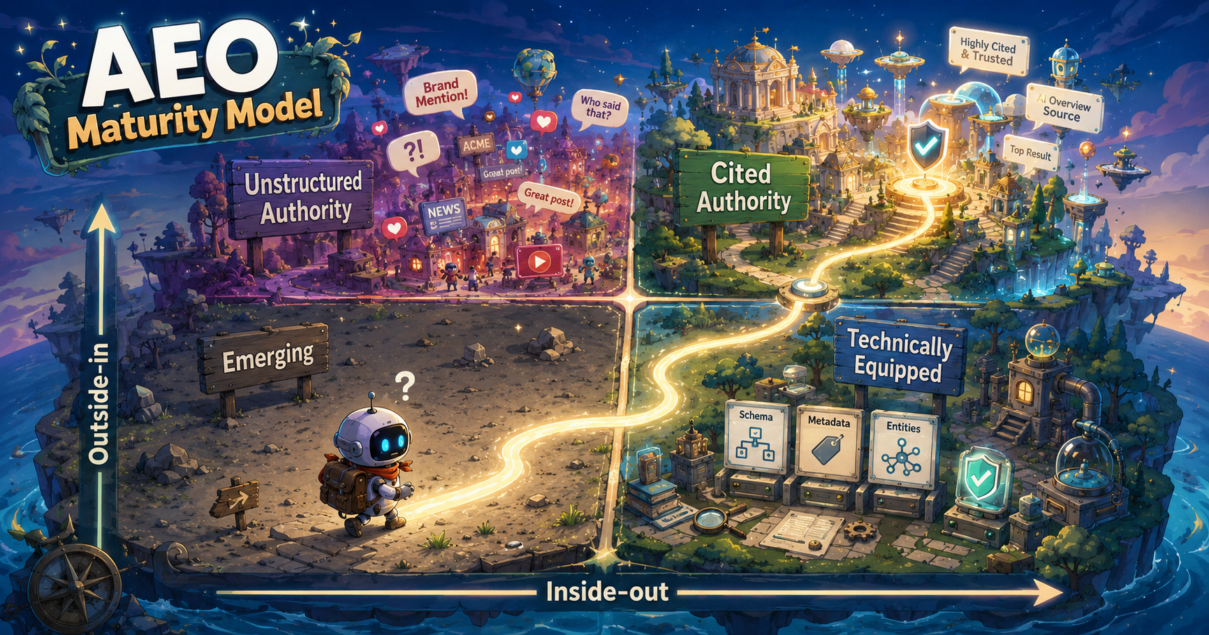 Animated illustration of the AEO Maturity Model, with a robot following a glowing path through Emerging, Technically Equipped, Unstructured Authority, and Cited Authority quadrants.