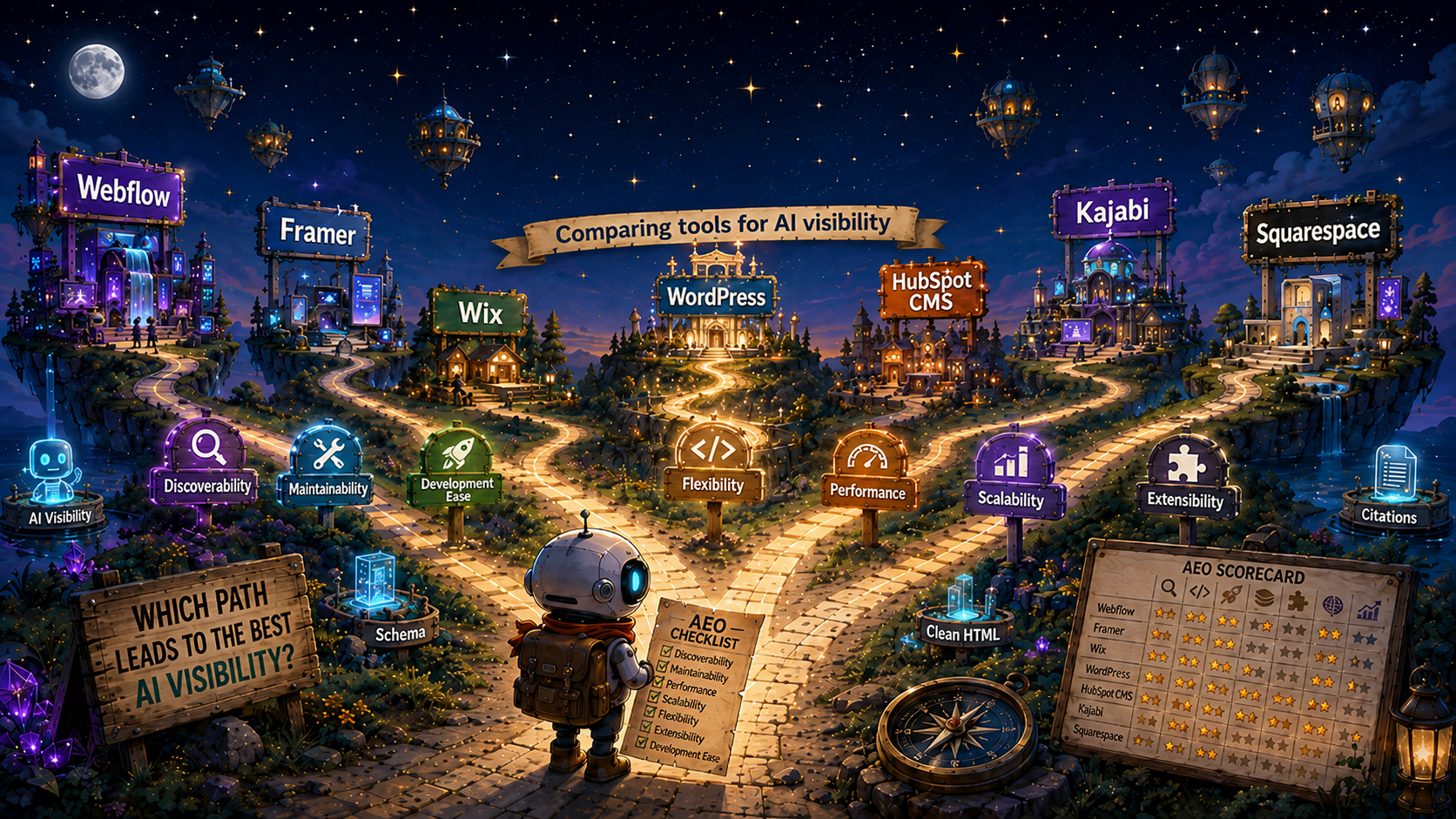 Illustrated crossroads comparing Webflow, WordPress, Wix, Framer, HubSpot CMS, Kajabi, and Squarespace against an AEO scorecard, framed as which path leads to the best AI visibility.