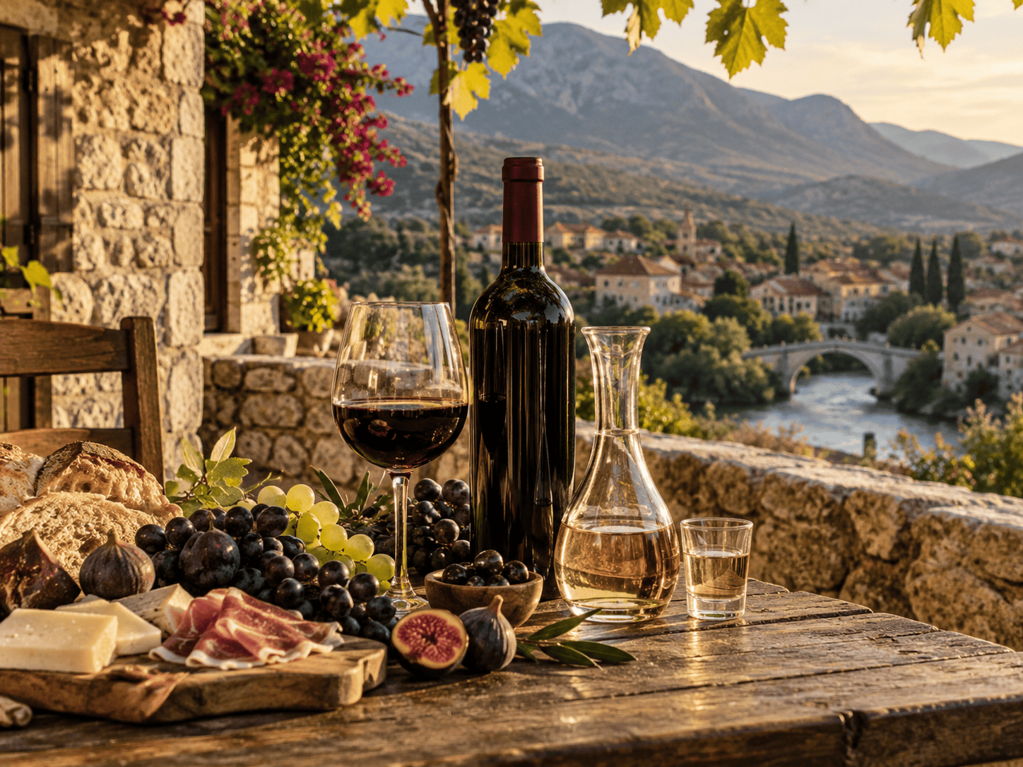 Hercegovačko vino i domaća rakija od grožđa ili smokve, posluženi uz tradicionalne hercegovačke specijalitete u autentičnom ambijentu Trebinja.