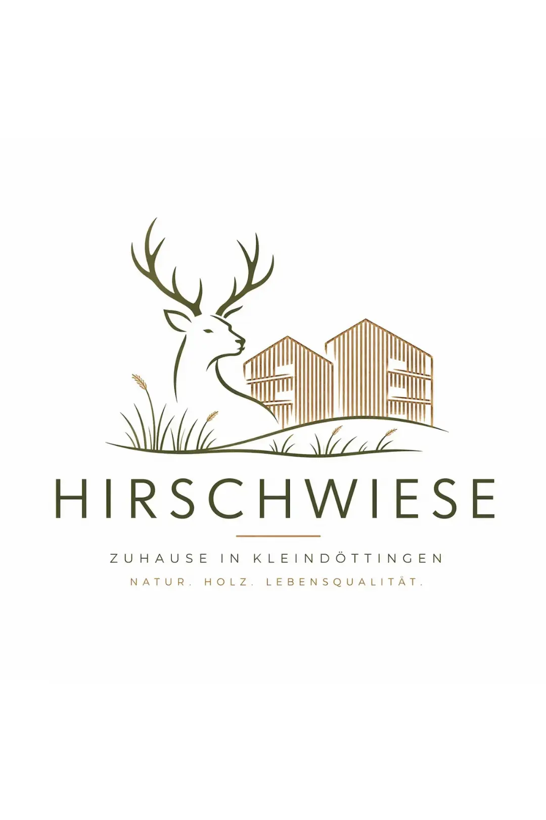 Logo der Wohnüberbauung Hirschwiese in Kleindöttingen mit Hirschmotiv und stilisierten Mehrfamilienhäusern in Holzbauweise.