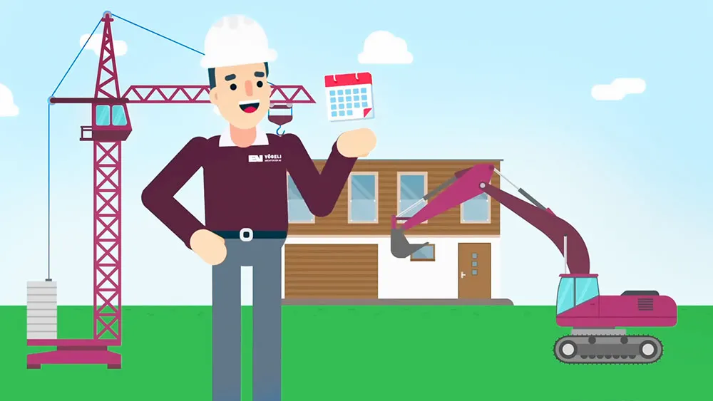 Illustration eines Bauarbeiters mit Helm vor einem Haus und Baustellenkran und Bagger.