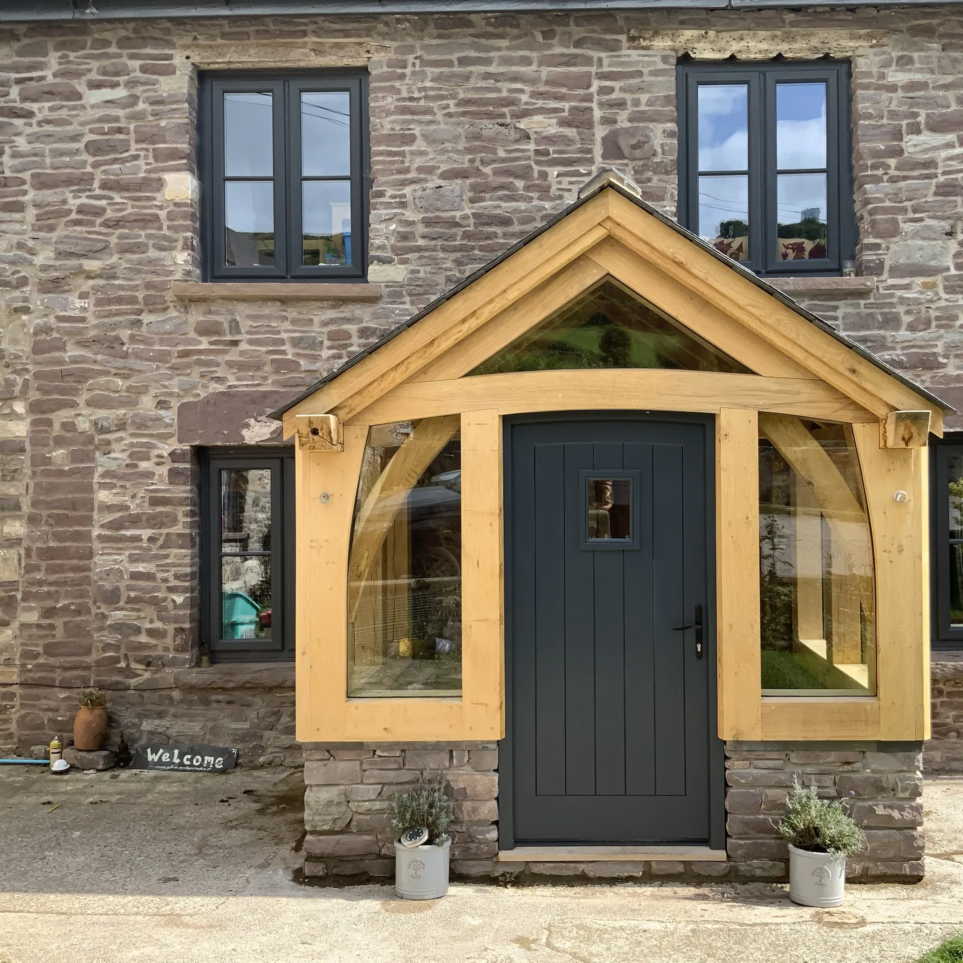 The glazed oak gable porch at Llanbedr, near Crickhowell.