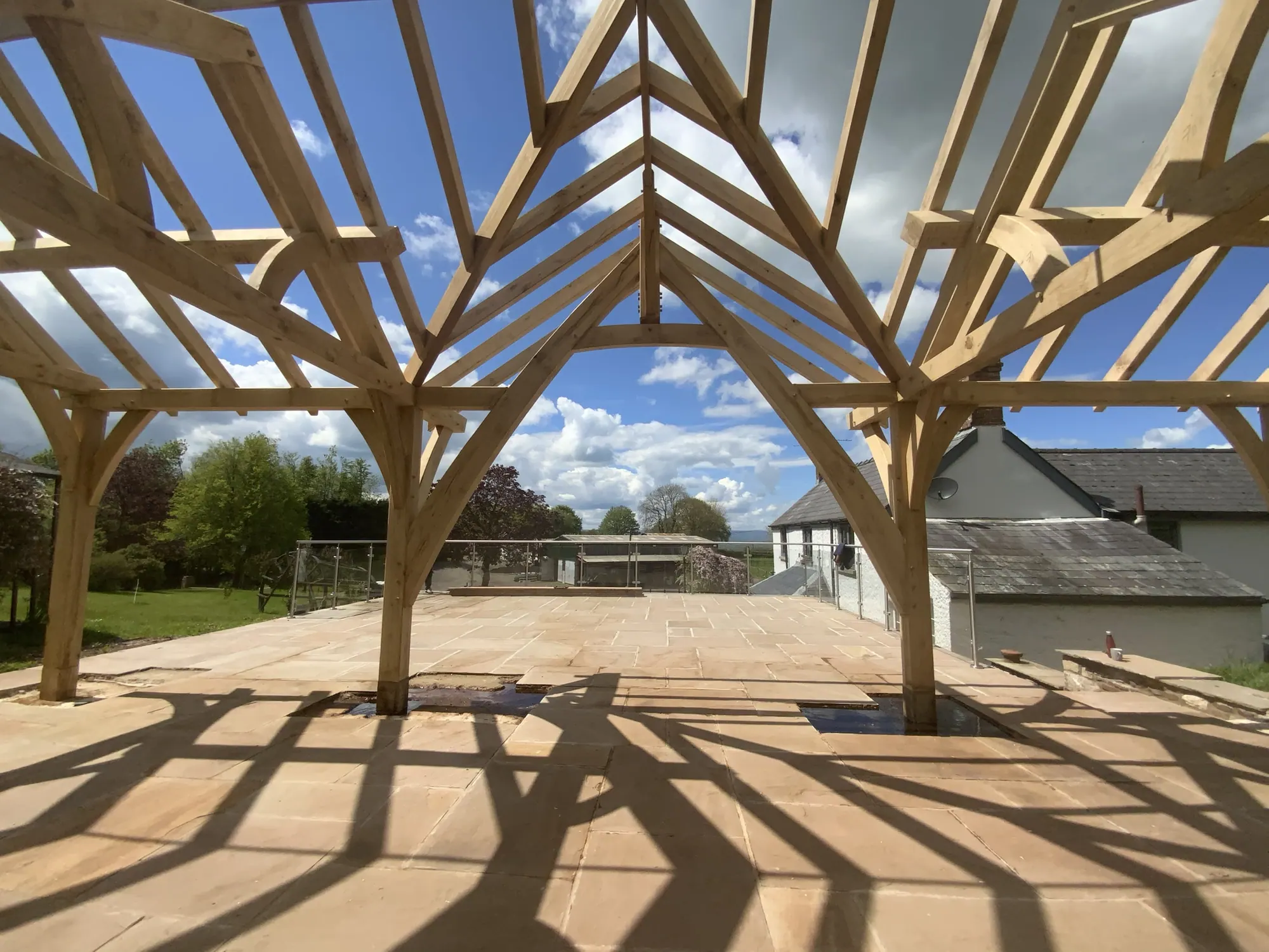 Looking up through the frame of the Devauden garden pavilion before the roof went on.