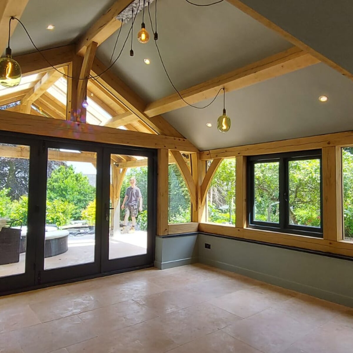 Oak frame garden room at Pontypool under king post trusses
