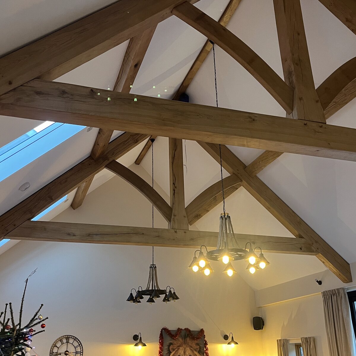 Oak roof trusses in the dining room at the Lion Inn, Trellech