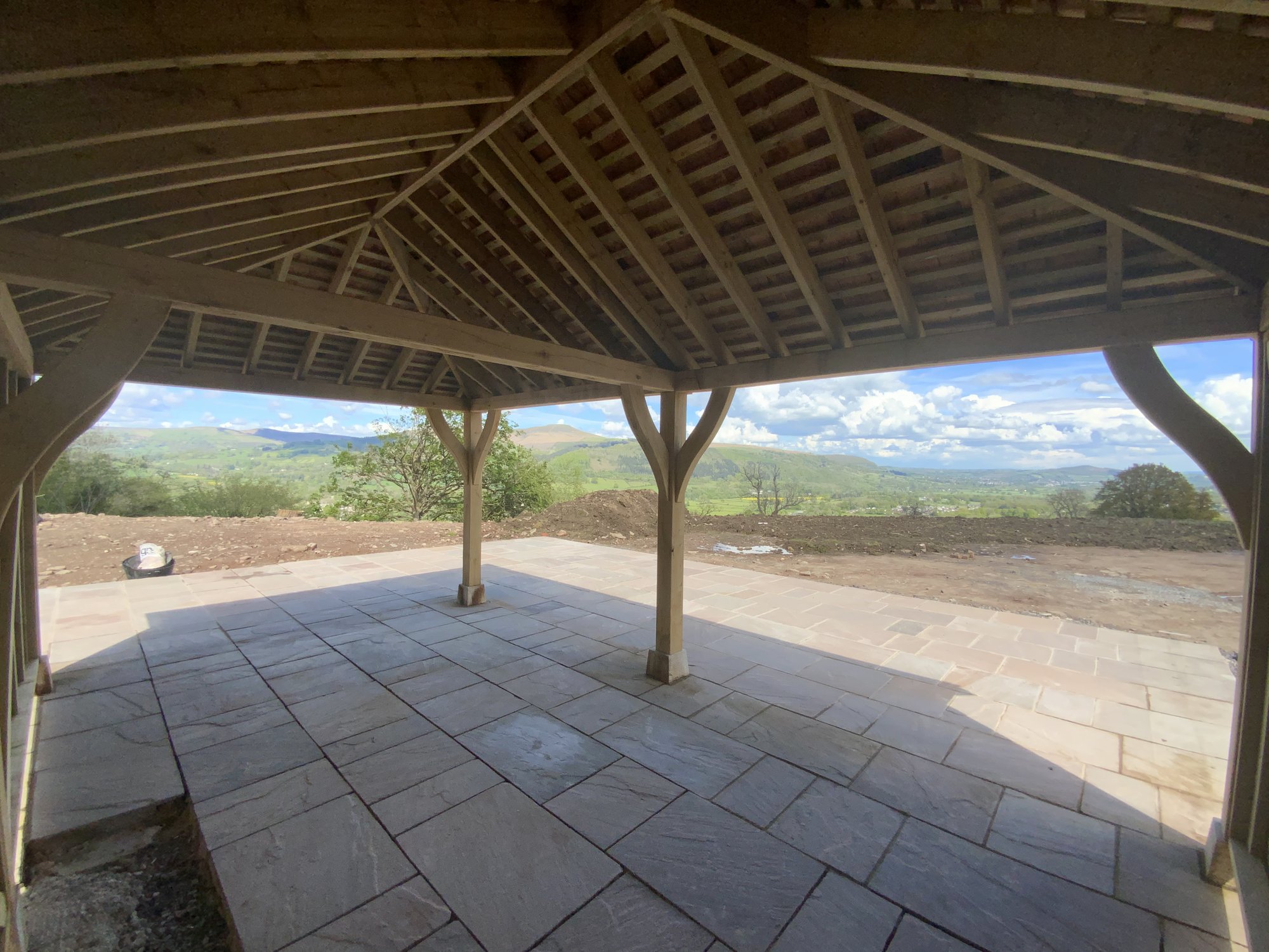 The oak roof structure inside the gazebo at Gilwern.
