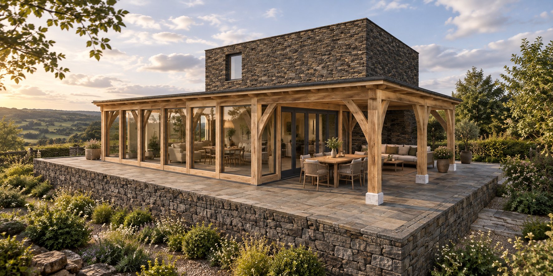 Visualisation of a single-storey glazed oak frame extension and covered terrace on a raised stone terrace beside a stone house