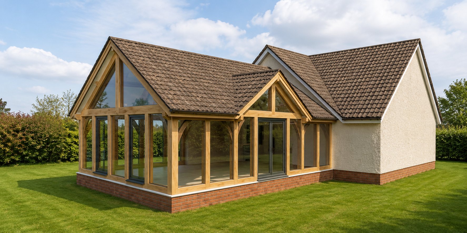 Visualisation of an oak frame extension with two glazed gables and a tiled roof on a rendered bungalow