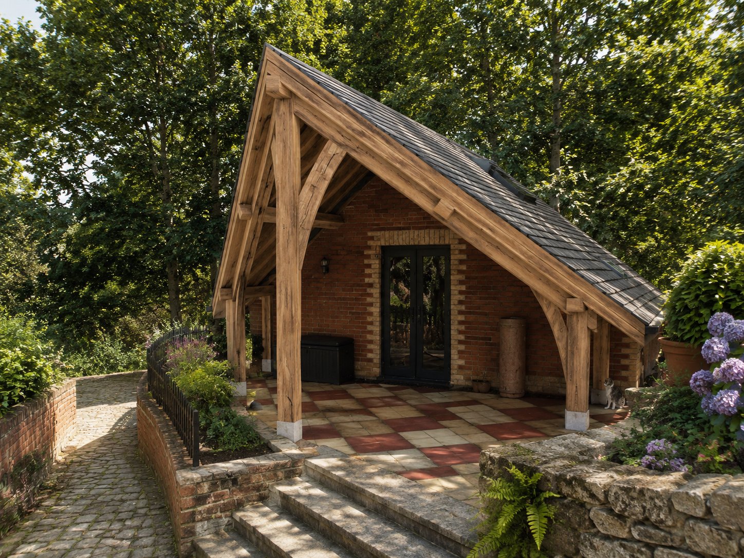 Visualisation of a brick garden studio with an open oak gable at the front and a low sweeping slate roof