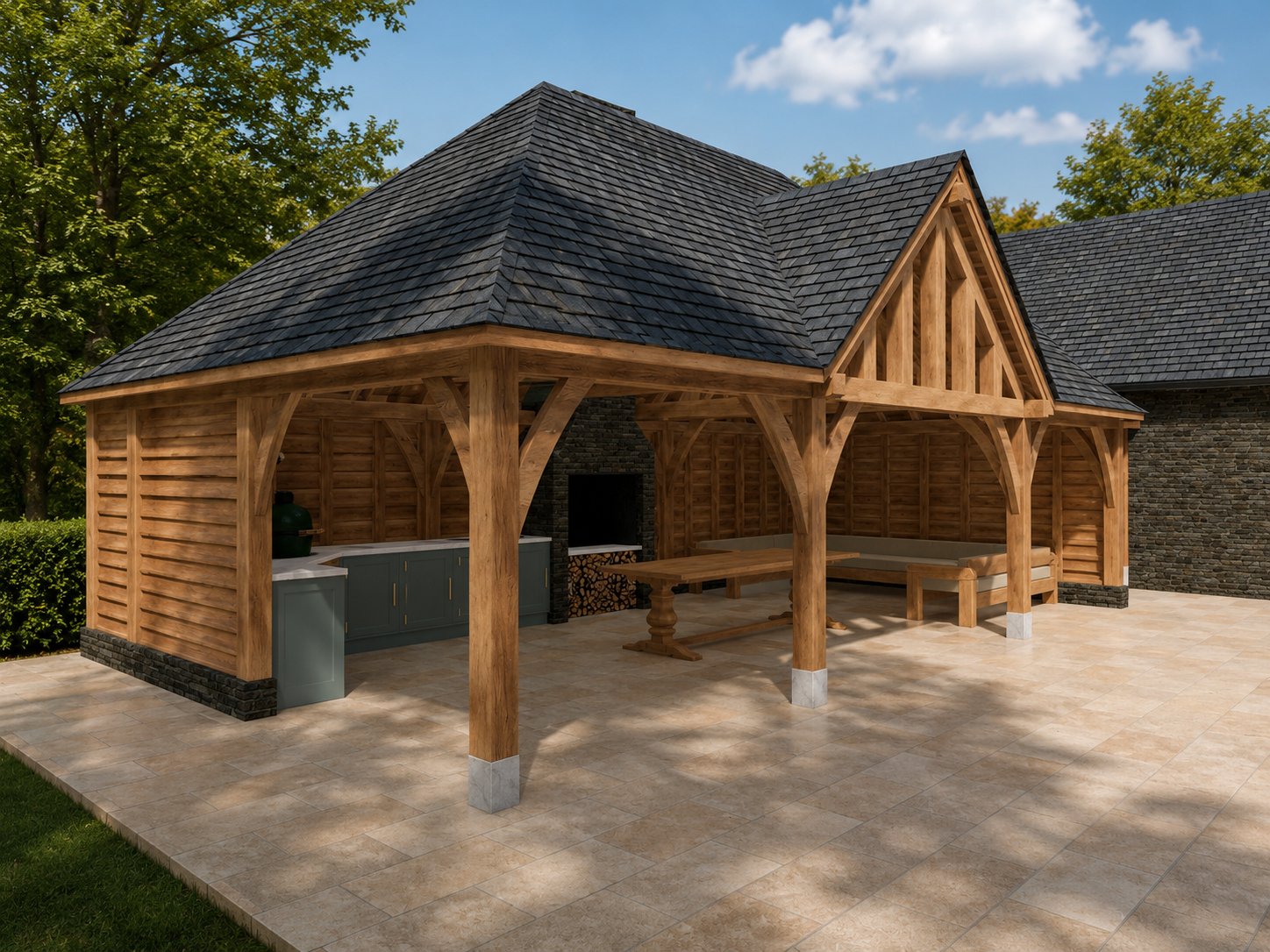 Visualisation of an open oak frame garden pavilion with a hipped roof and gable, sheltering an outdoor kitchen and dining area