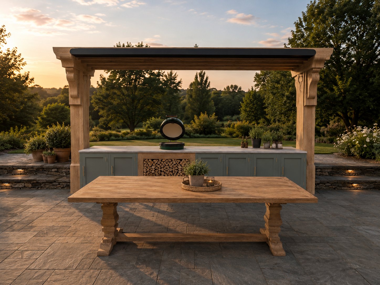 Visualisation of an oak pergola over an outdoor kitchen and dining table on a stone terrace at sunset
