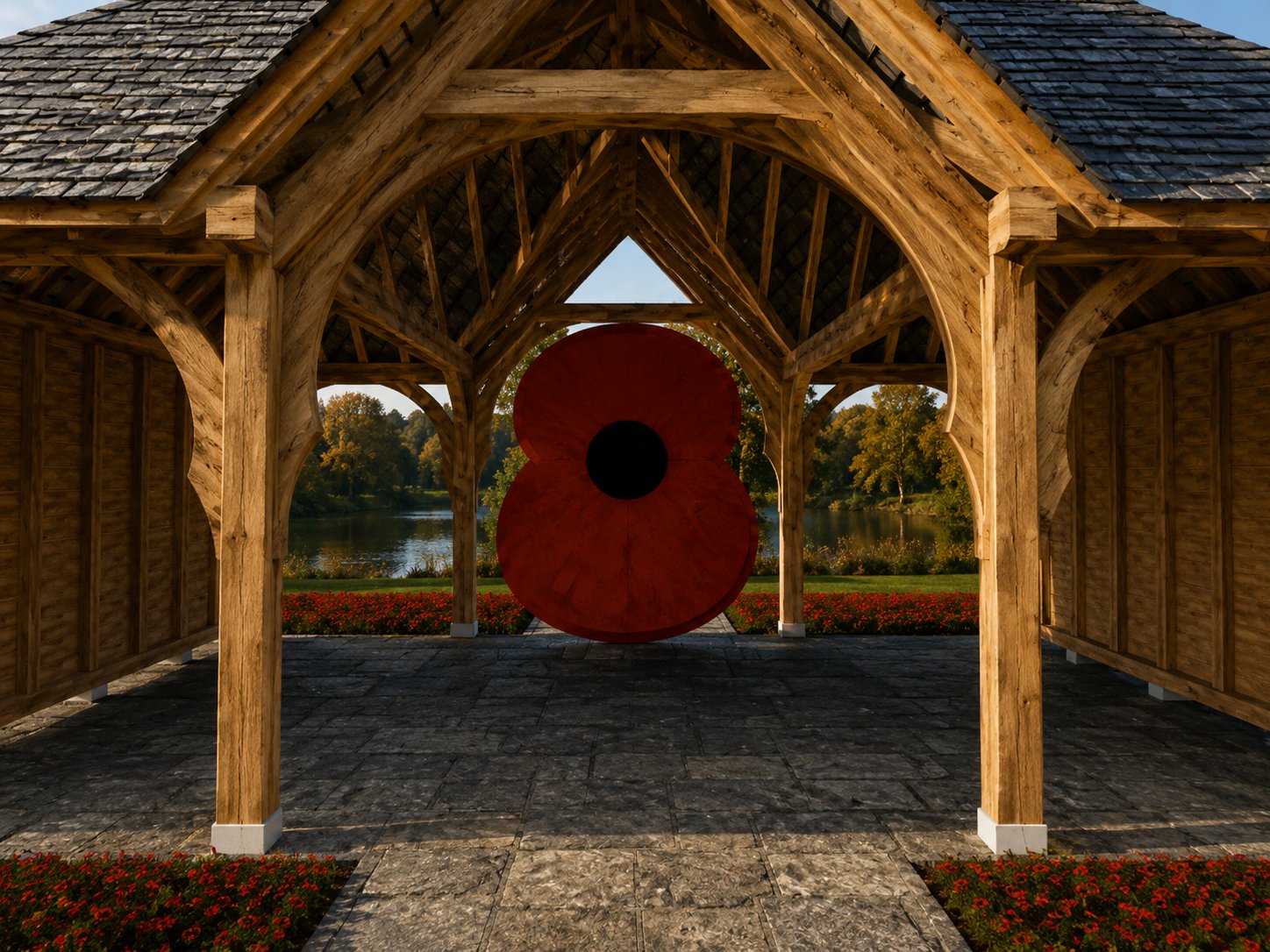 Visualisation of an open oak frame garden pavilion framing a large red memorial poppy, with water and trees beyond
