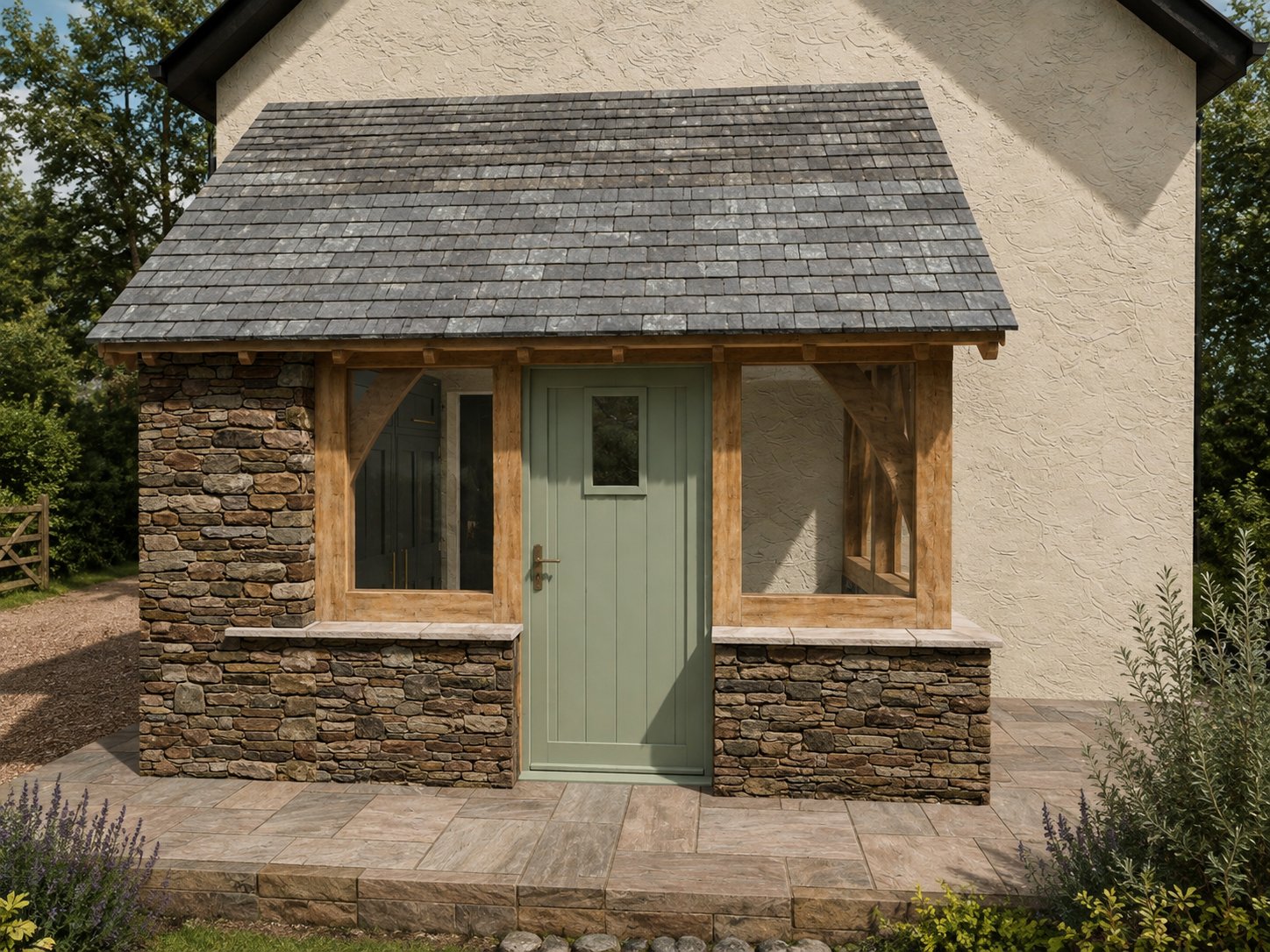 Visualisation of an enclosed oak frame porch with a stone base, slate roof and sage green door on a rendered house