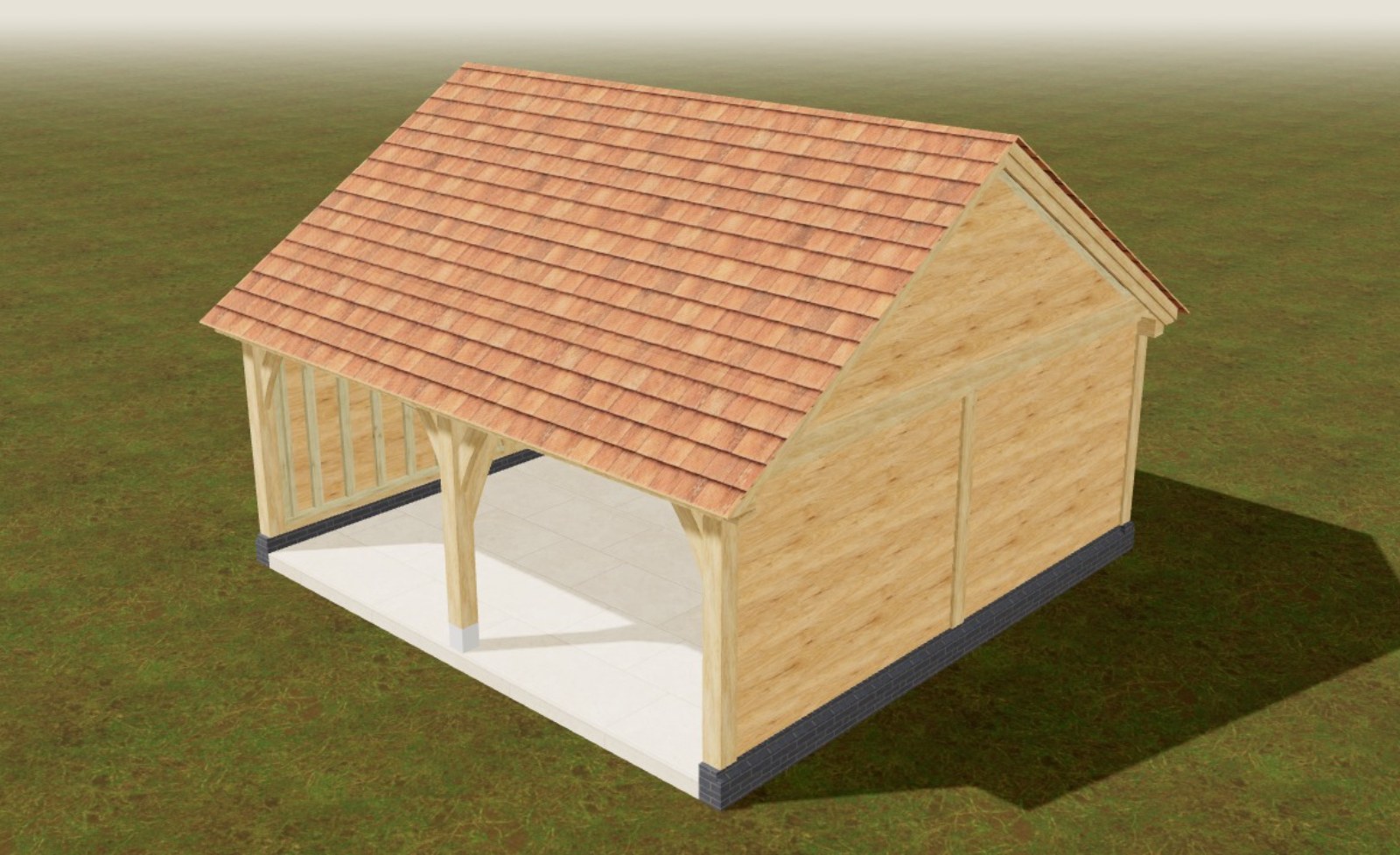 Design of the two-bay oak garage kit: open front, back and ends boarded in cedar, tile roof