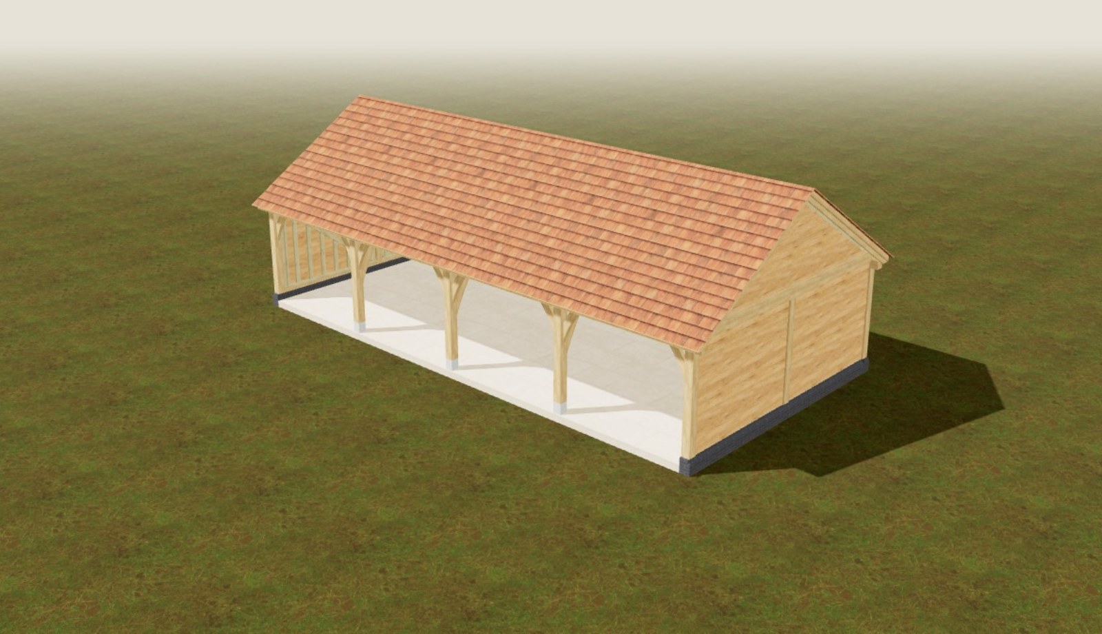 Design of the four-bay oak garage kit: open front, back and ends boarded in cedar, tile roof
