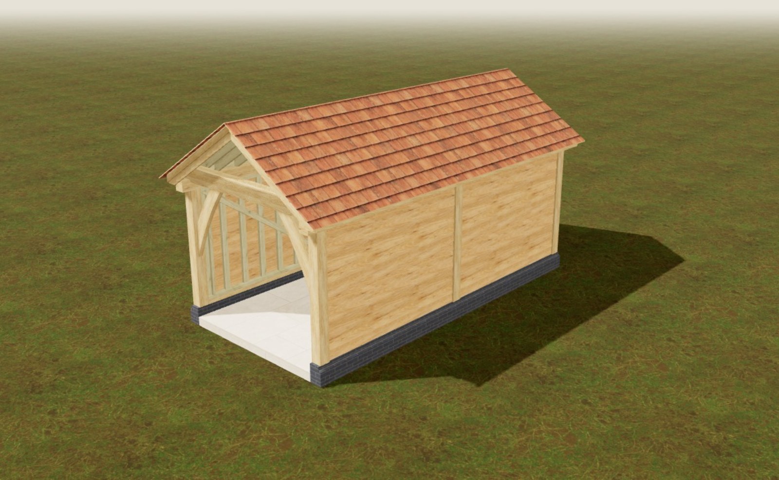 Design of the one-bay oak garage kit: open front, back and ends boarded in cedar, tile roof