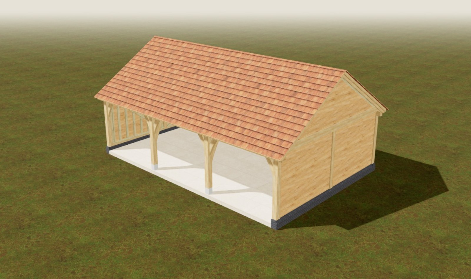 Design of the three-bay oak garage kit: open front, back and ends boarded in cedar, tile roof
