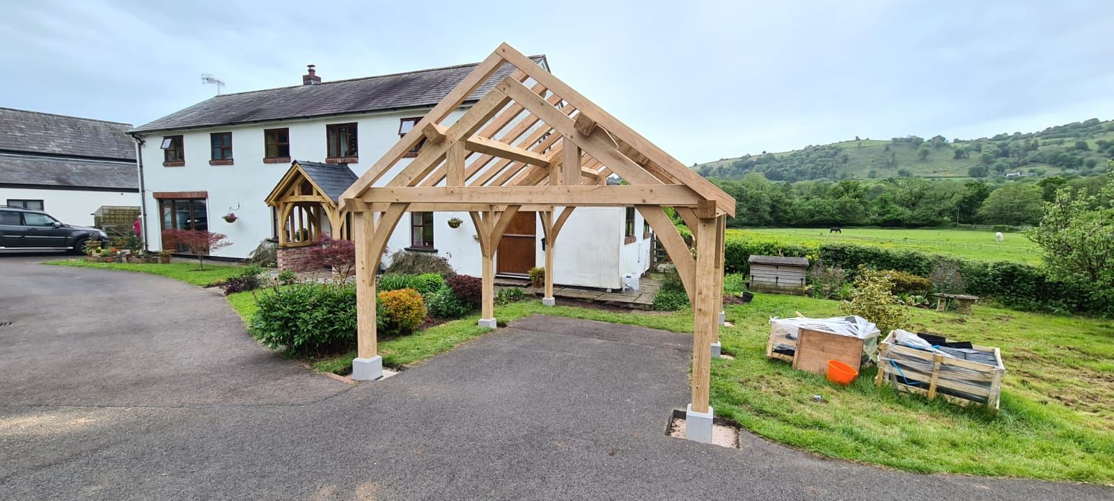 The Mamhilad car port frame raised on its pads, before the roof went on