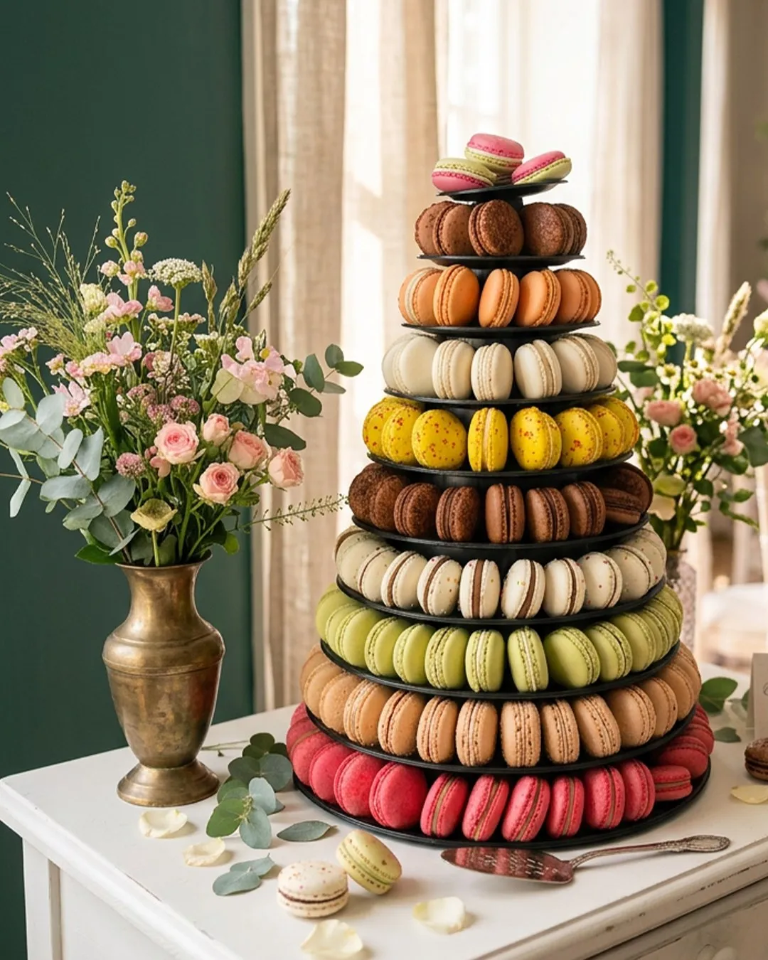 Pièce montée de macarons colorés sur présentoir à étages, dressée pour une réception.