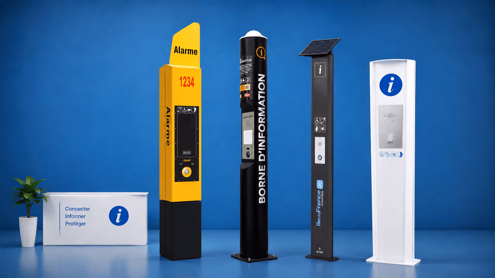 Gamme de bornes Milesys sur fond bleu : borne d'alarme jaune avec bouton Appel, borne d'information cylindrique noire, borne solaire compacte et borne d'information blanche — avec comptoir Connecter Informer Protéger.