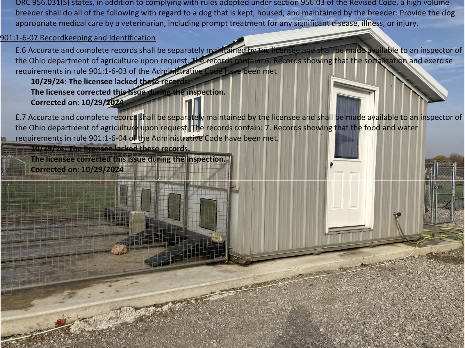 Kennel photograph taken at the Ohio inspection of Cletus E Schwartz – Excel Puppies on October 29, 2024, page 3 of the inspection report