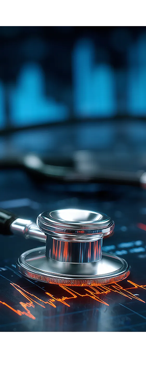 Metal stethoscope resting on a screen showing an orange heart rate graph and blue data charts.