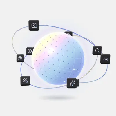Animated 3D sphere in the Keenfunnel gradient, orbited by icons for search engines, AI assistants and social media platforms