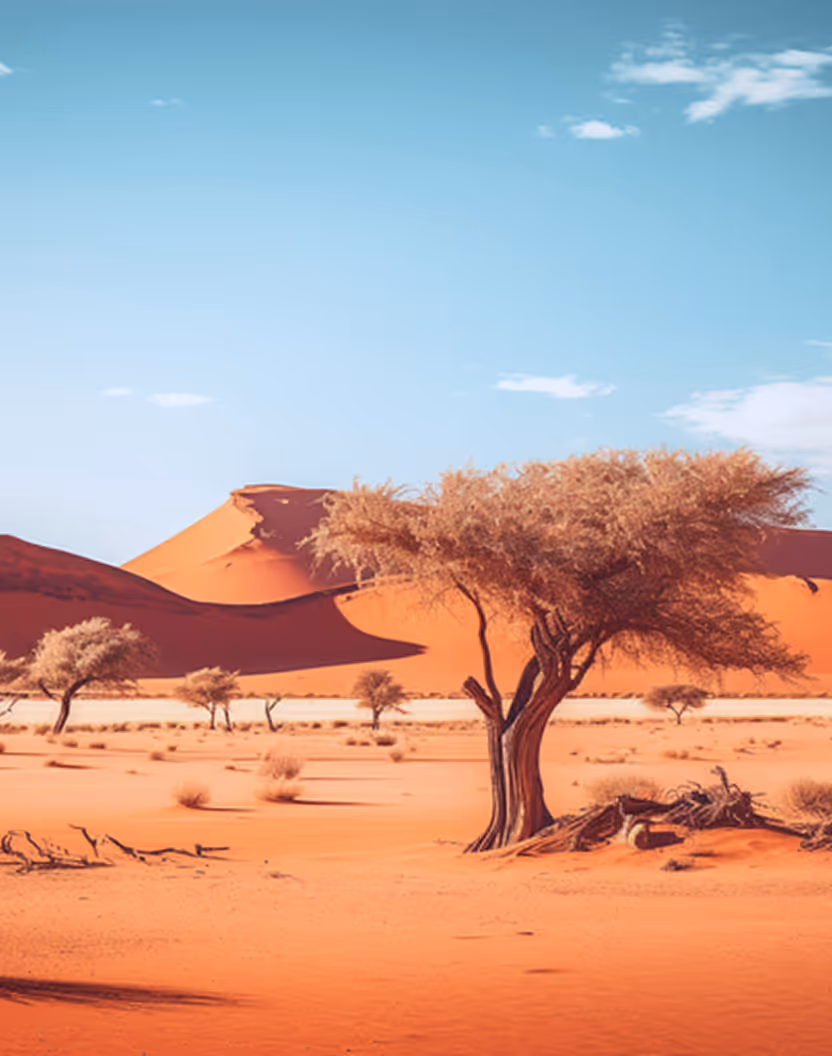 Desert landscape with scattered trees and large sand dunes under a clear blue sky.