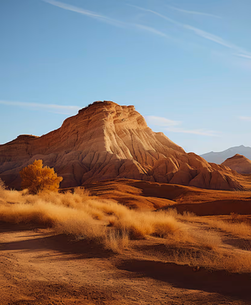 Sunlit desert mountain with dry grass and a small tree under a clear blue sky.