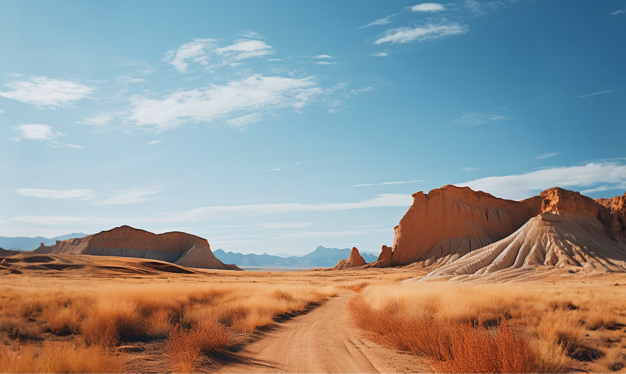 Dirt road through dry grass desert with rocky hills and blue sky with scattered clouds.