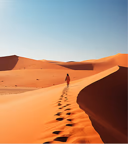 Person walking alone on sand dunes in a vast desert under clear blue sky.