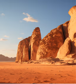 Large orange sandstone rock formations in a desert under a clear blue sky.