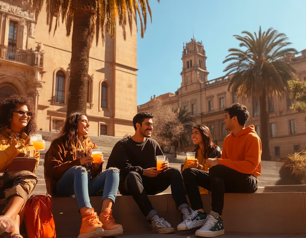 Five friends sitting outdoors on steps, drinking orange beverages, chatting in a sunny urban setting.