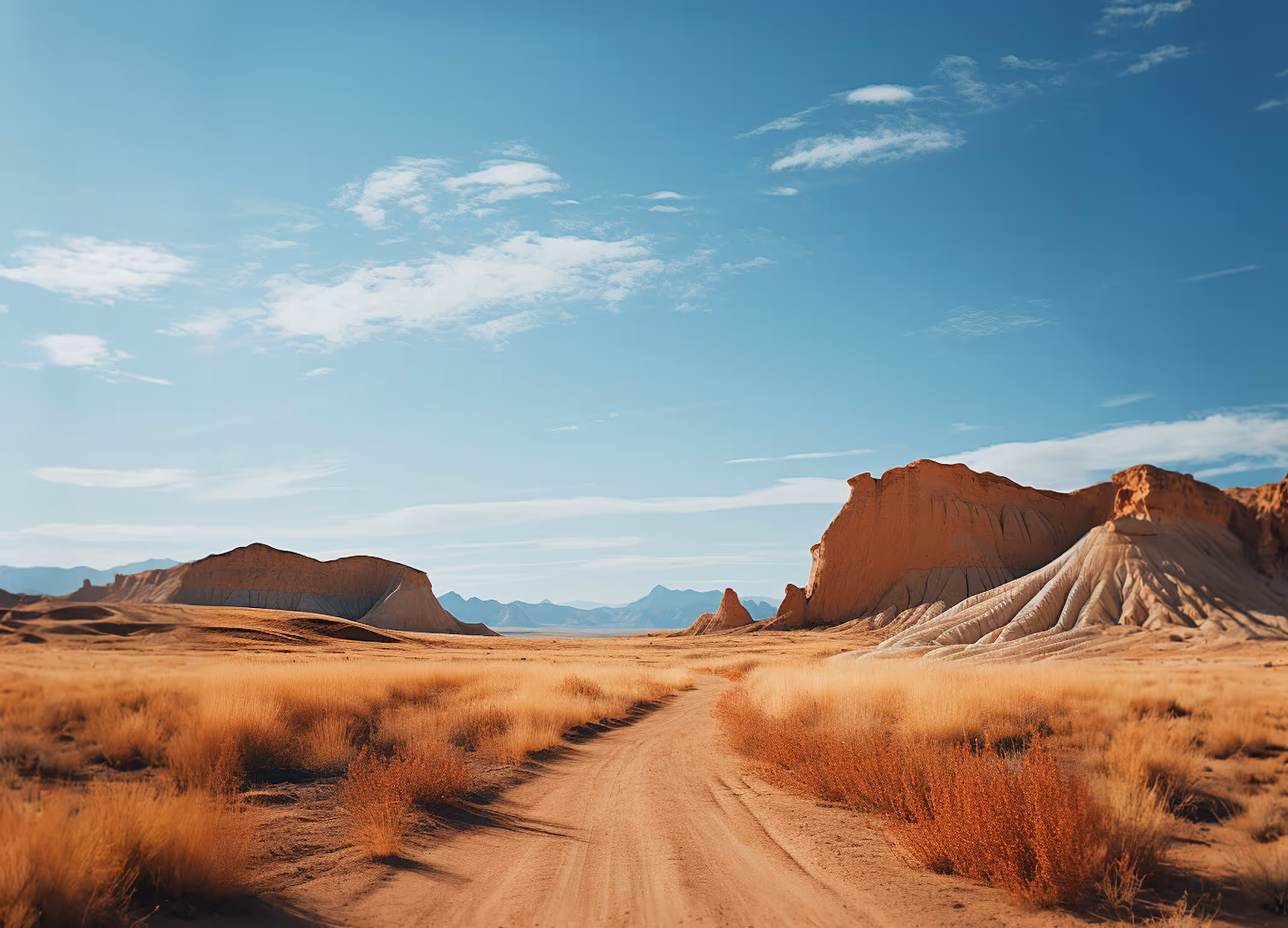 Dirt road through dry grassland with eroded rock formations under a blue sky with scattered clouds.