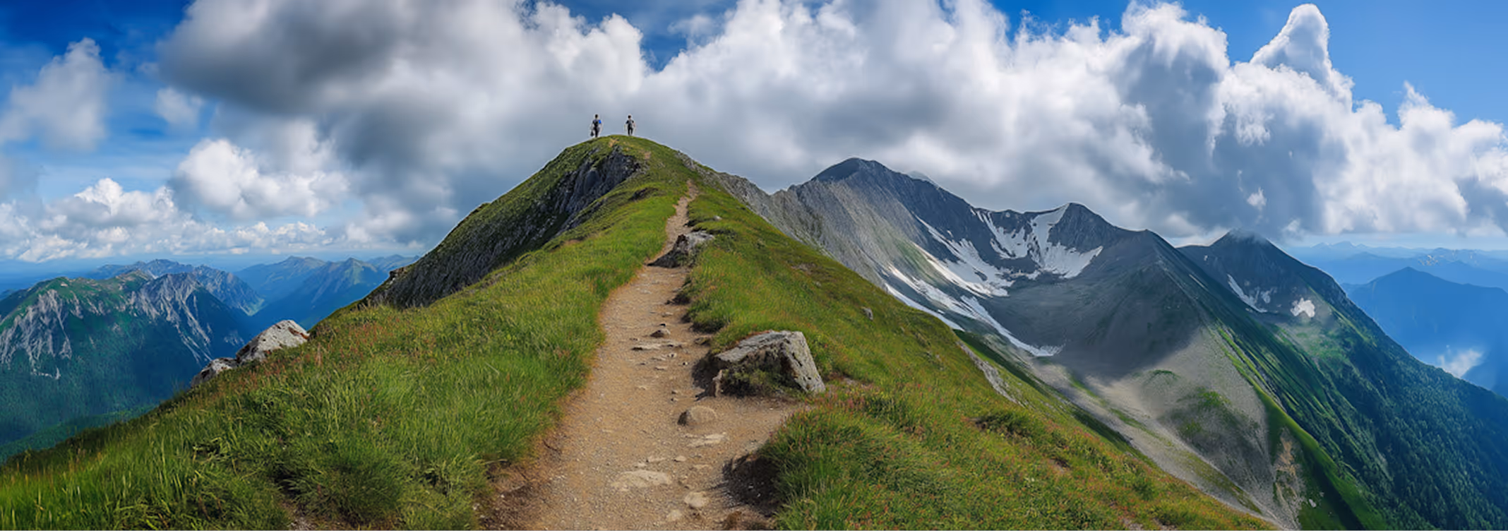 Trail leading to a green mountain peak with two hikers and snowy mountains in the background.