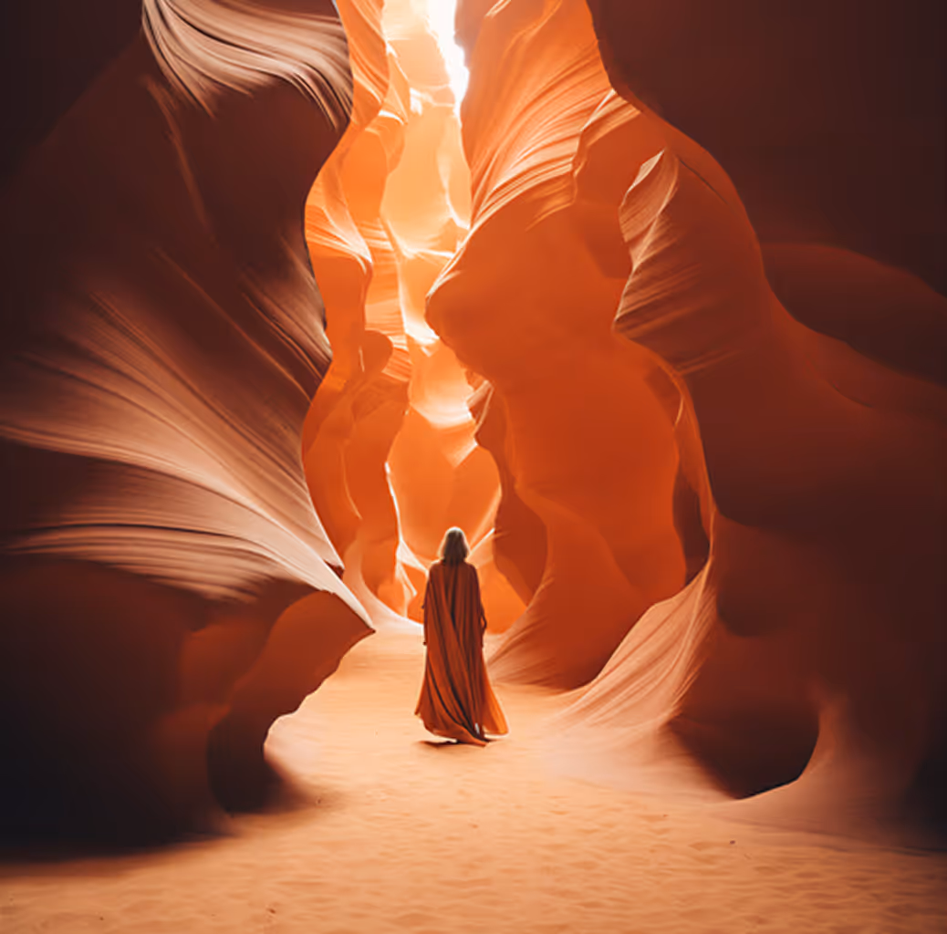 Person in orange cloak walking through glowing narrow sandstone canyon with smooth curving walls.