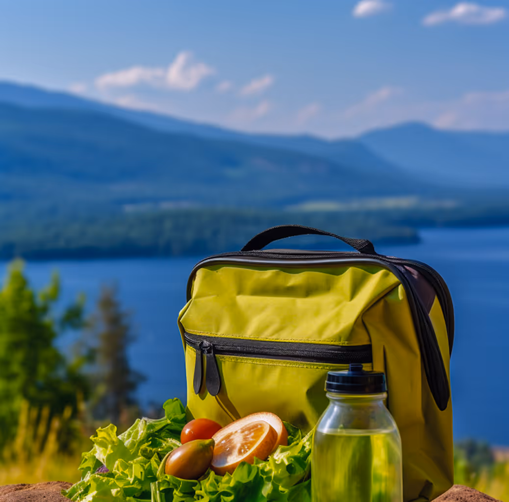 Yellow lunch bag with greens, tomatoes, lemon slice, and a bottle of liquid by a lake with mountains.