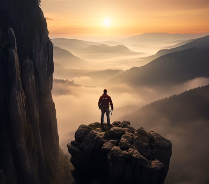 Hiker stands on rocky cliff overlooking foggy valley at sunrise with distant mountain silhouettes.