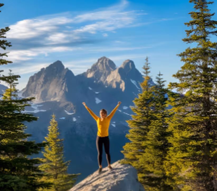 Person in yellow top with arms raised on rock surrounded by pine trees with mountain peaks behind.