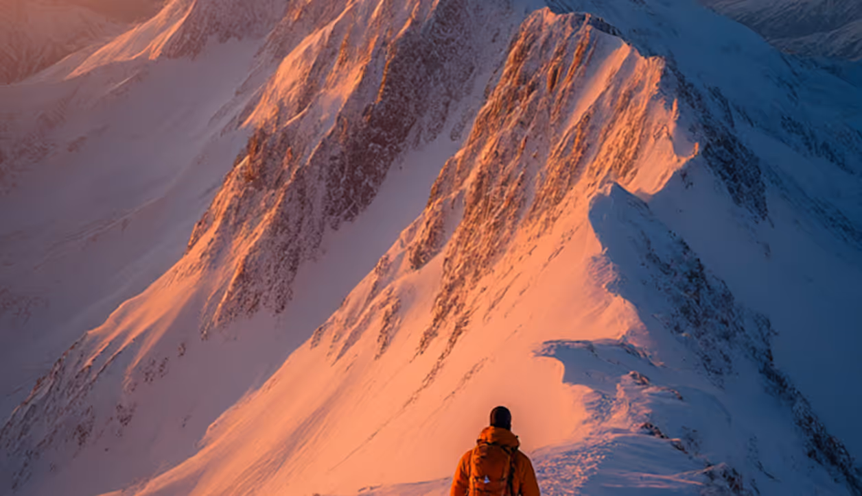 Person in an orange jacket looking at snow-covered mountain peaks lit by warm sunset light.