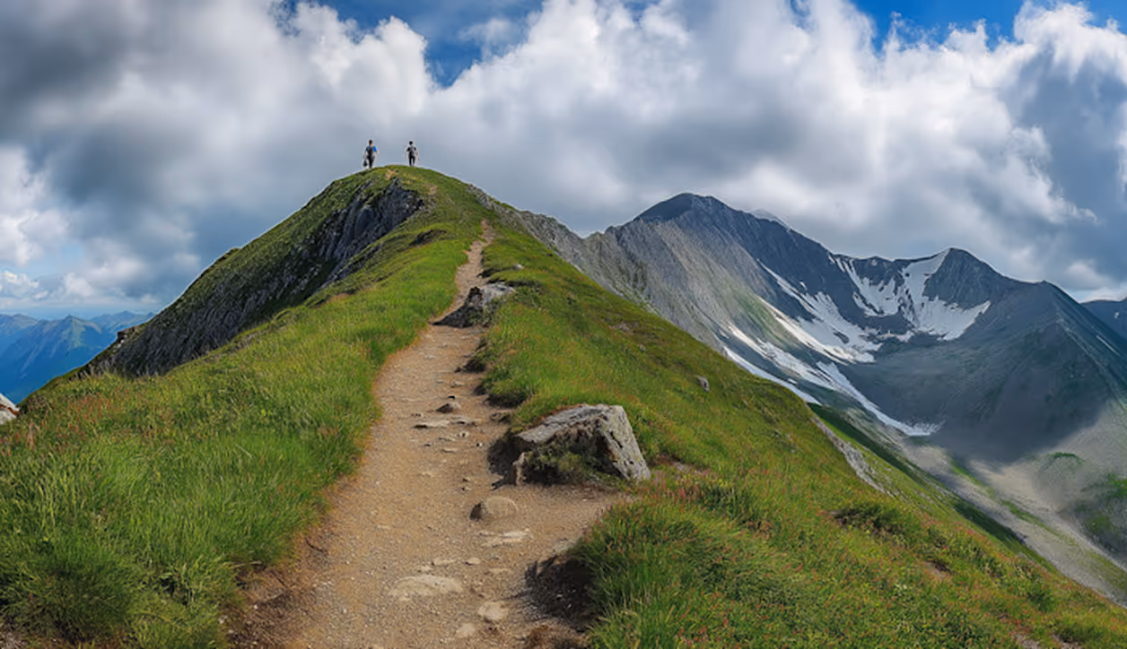Two hikers stand on a grassy mountain ridge path with rocky peaks and cloudy sky in the background.