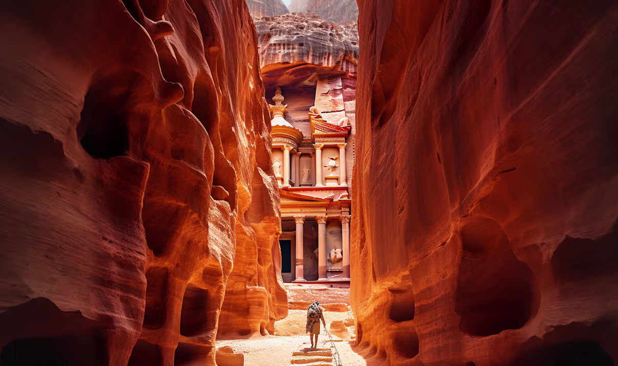 Narrow canyon path leading to ancient rock-carved structure with columns and a person walking.