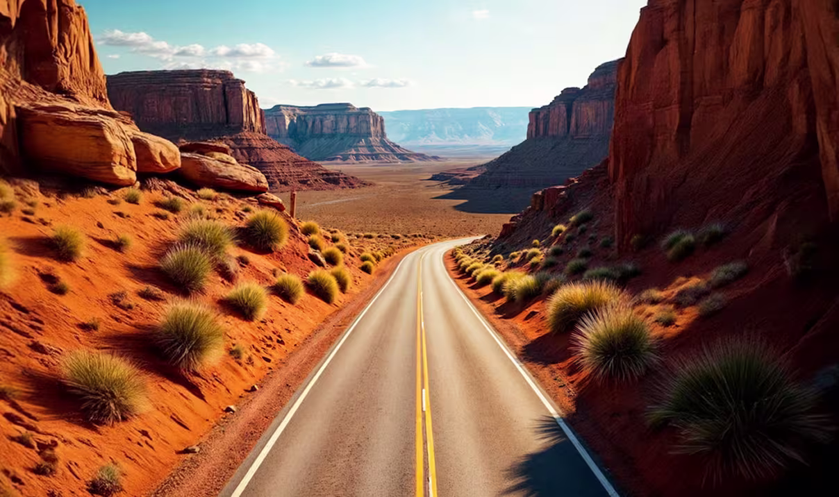 Empty road running through red rock desert landscape with distant mesas under blue sky.
