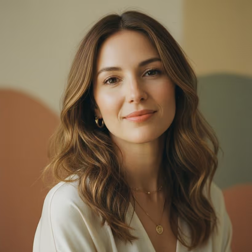 Smiling young woman with wavy brown hair, wearing white top and gold jewelry against muted background.