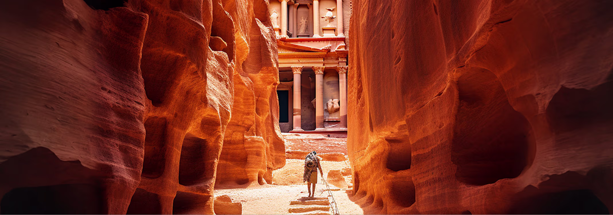 Narrow sandstone canyon trail in AlUla glowing at golden hour