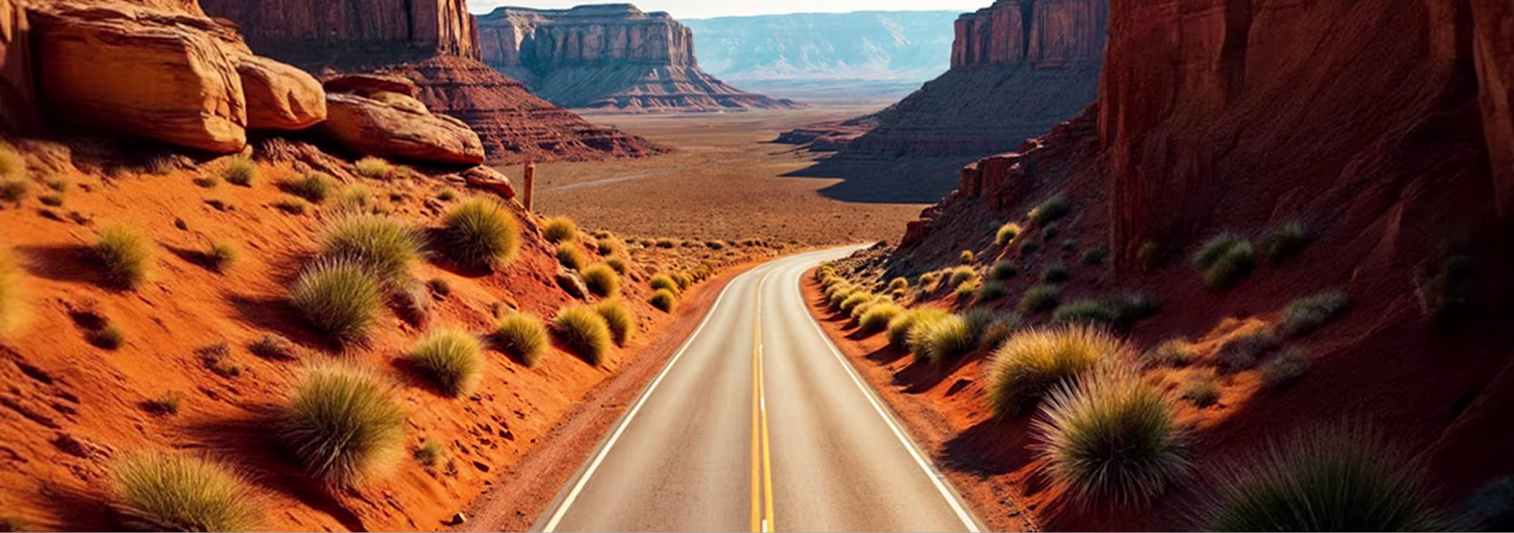 Desert highway winding through red sandstone cliffs in AlUla