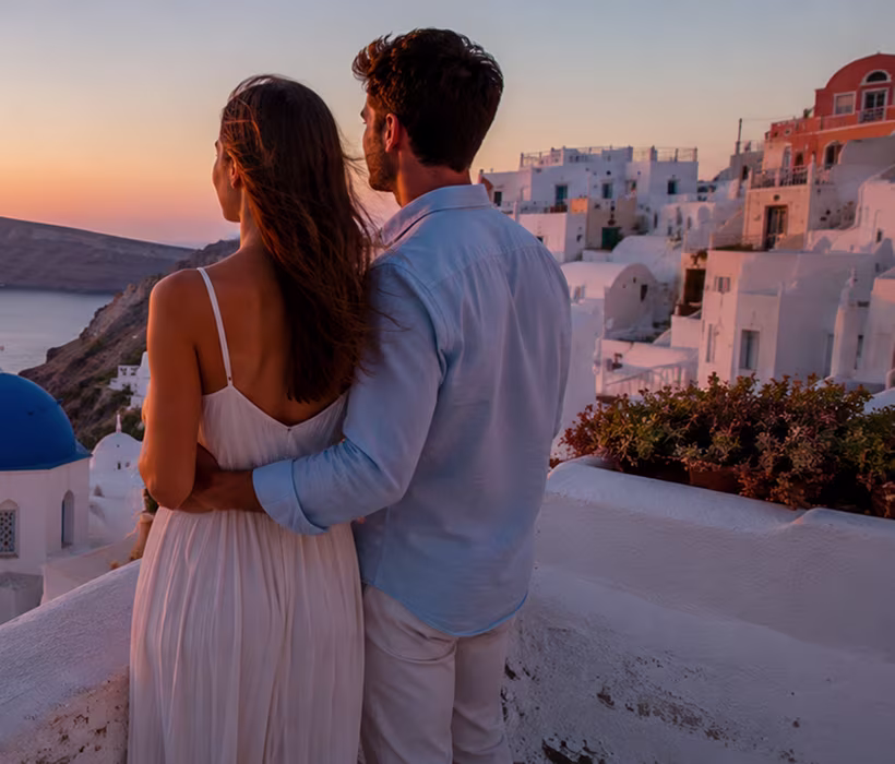 Sunset view over Oia village and caldera cliffs