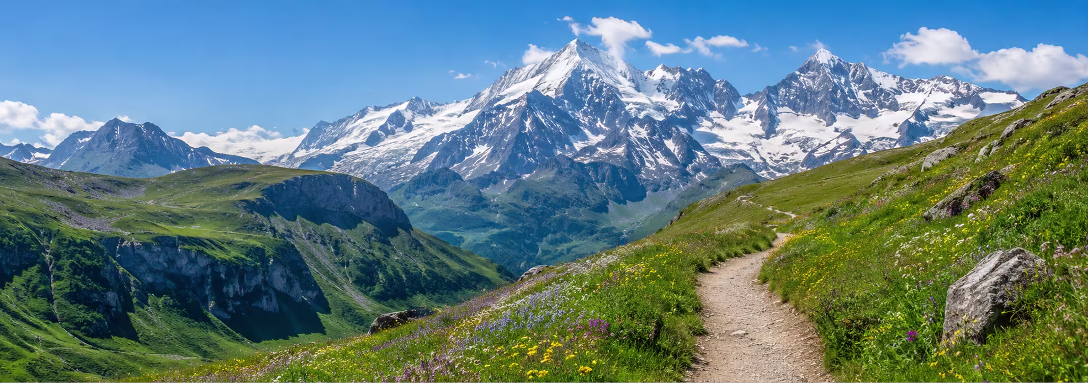 Family hiking on alpine trail with mountain views