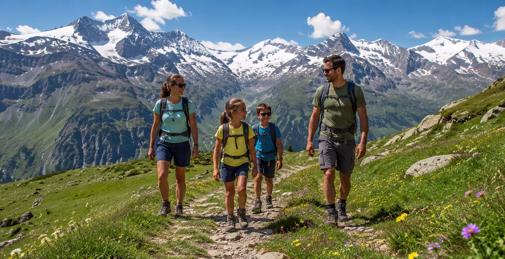 Children playing on grassy alpine meadow with mountains
