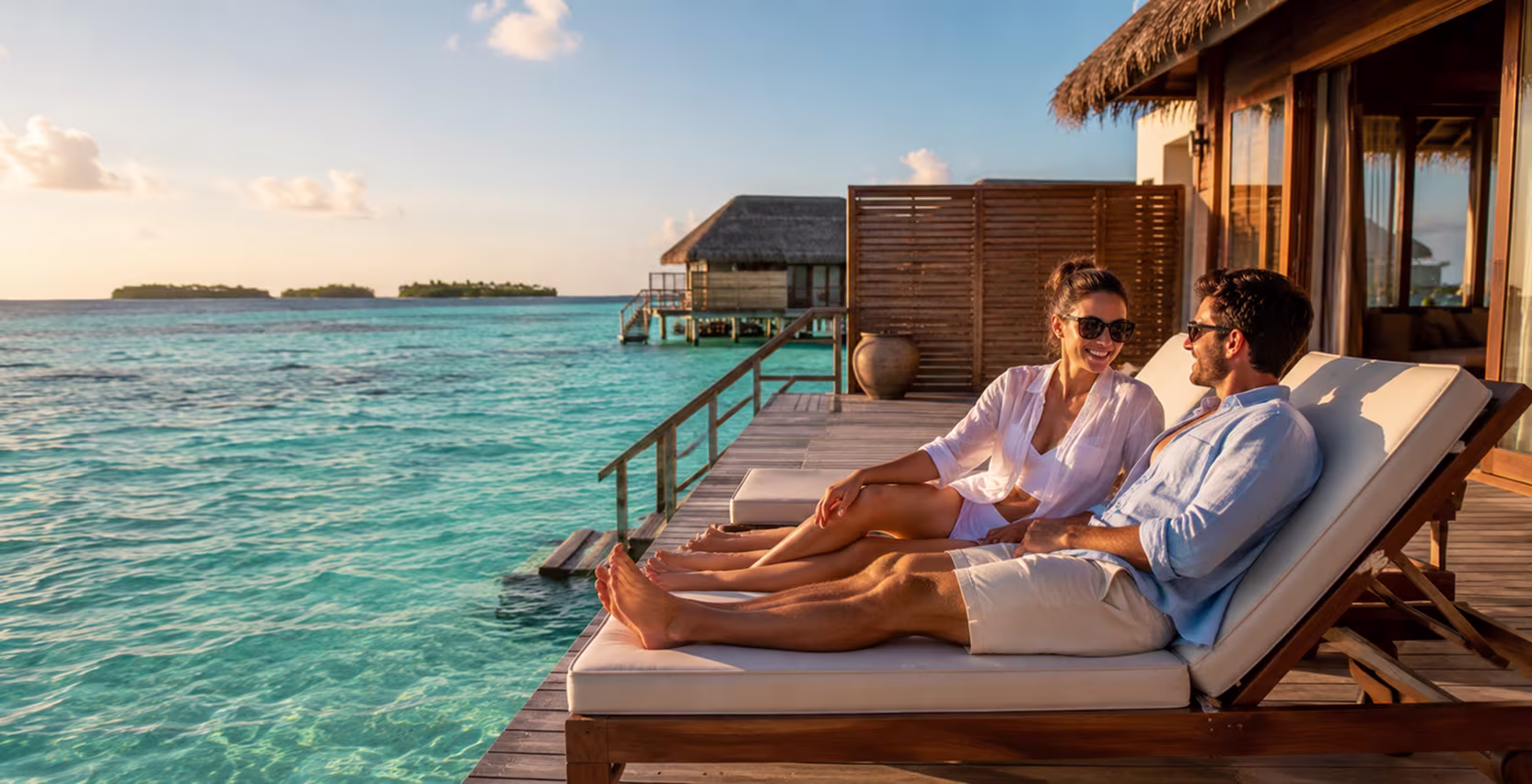 Couple relaxing on an overwater villa deck in the Maldives